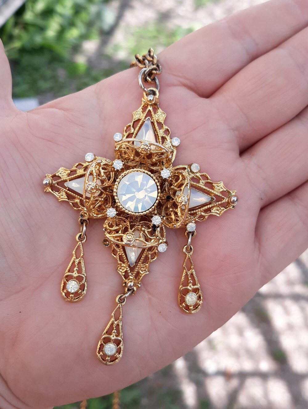 Vintage Gold Tone Multi Strand Layered Filigree Maltese Cross Tassel Necklace